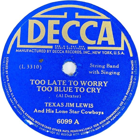 Texas Jim Lewis And His Lone Star Cowboys 78 RPM Record Decca 6099 - Picture 2 of 4